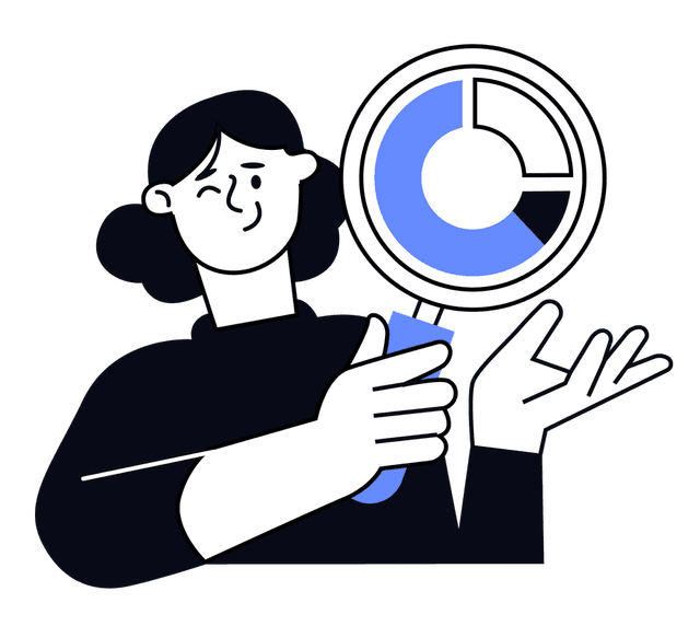 Illustration of a person analyzing business data with a pie chart and magnifying glass