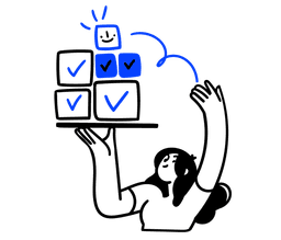 Illustration of a person stacking checklist tiles with an AI assistant icon on top